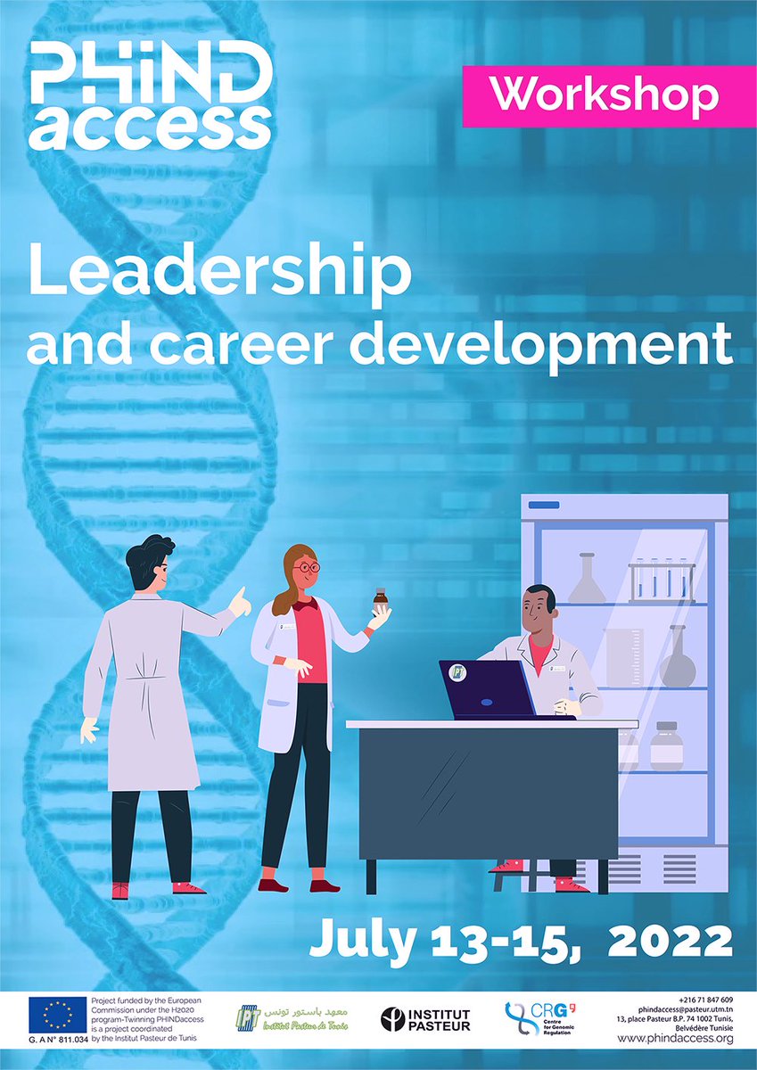PHINDaccess #workshop 🔜
#Leadership and #careerdevelopment 
🗓 July 13-15, 2022 
<a href="/Pasteur_Tunis/">Institut Pasteur de Tunis 🇹🇳 معهد باستور تونس</a> 
<a href="/CRGenomica/">Centre for Genomic Regulation (CRG)</a> 
<a href="/institutpasteur/">Institut Pasteur, since 1887</a> 
 #selfimprovement #communication #career #timemanagement #publicspeaking #teambuilding #teamwork