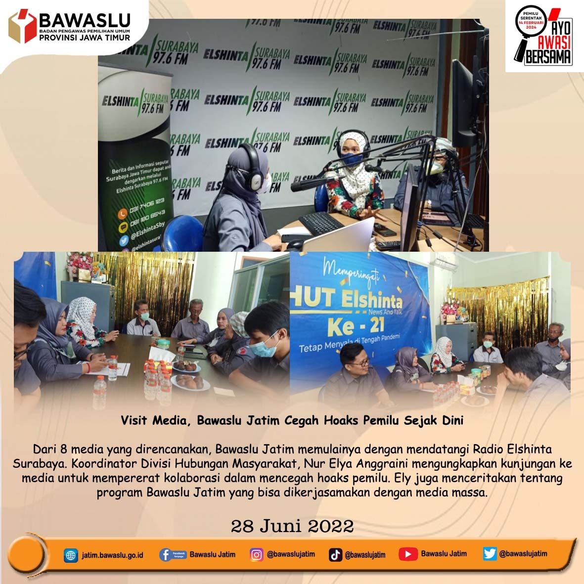 bawaslujatim's tweet photo. Visit Media, Bawaslu Jatim Cegah Hoaks Pemilu Sejak Dini
https://t.co/f2TqygUxqR
#bawaslujatim #bawaslujawatimur #sahabatbawaslu #salamawas #ayoawasi #bawaslumengawasi #cegah #awasi #tindak #ayoawasibersama #pemilu2024 #bawasluberkolaborasi #radioelshintasurabaya #visitmedia https://t.co/pR7XkcFye3