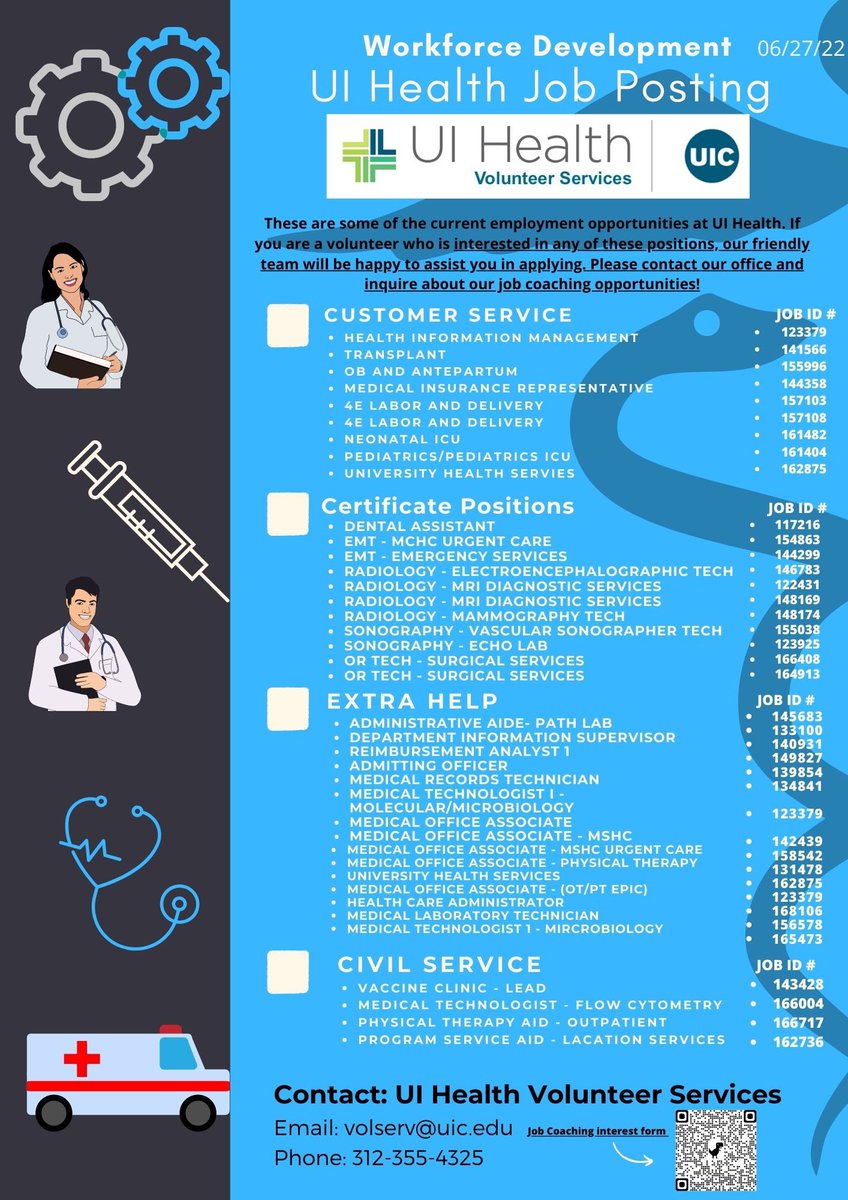 #CareerMonday We want to share with you some of the recent entry level employment opportunities at <a href="/UIHealth/">UI Health</a>! For more info contact Volunteer Services Office at volserv@uic.edu 📧 or call us 312.355.4325📞 
*job postings as of 6/27/22 <a href="/thisisUIC/">University of Illinois Chicago</a> <a href="/UICCSI/">UICCSI</a> @UICHonors <a href="/UIClife/">University of Illinois Chicago Student Affairs</a>
