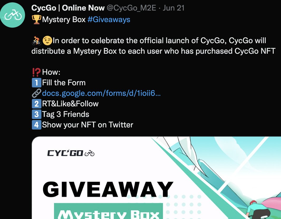CycGo_M2E's tweet photo. #Rewards Distribution-Activities shown in below picture

Fill the form to claim your Rewards
🔗https://t.co/lzealBsRj9

‼️NOTE:
1⃣Each person is limited to fill in this form once

2⃣Rewards will be sent to game account, can register game account with the email you filled in form https://t.co/SEpP0ja9oL