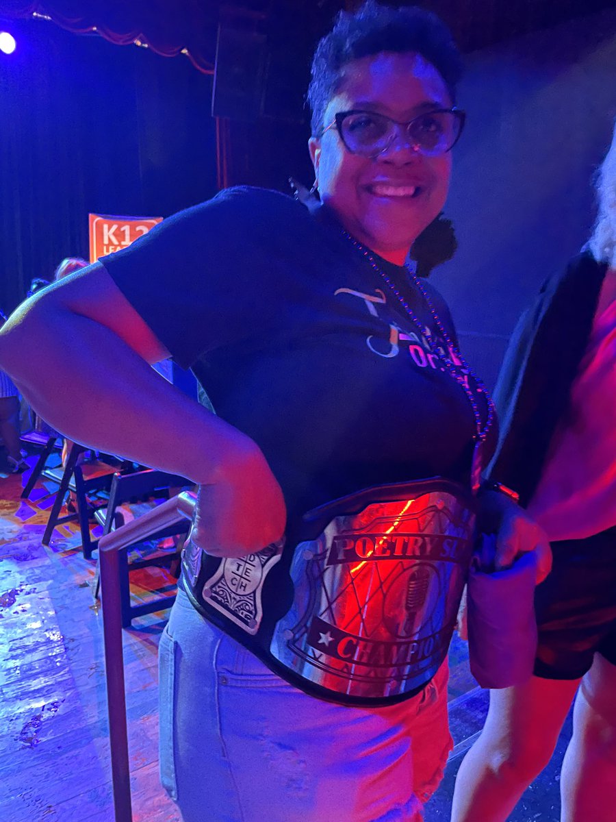 techyouverymuch's tweet photo. Iโve been trash talking for like 3 weeks about the EdTech Poetry Slam championship belt. It was previously won by @BrianRSmithSr and tonight I entered the ring and was victorious! It was a pleasure meeting this phenomenal poet and EdTech leader! https://t.co/3499Q94QpG