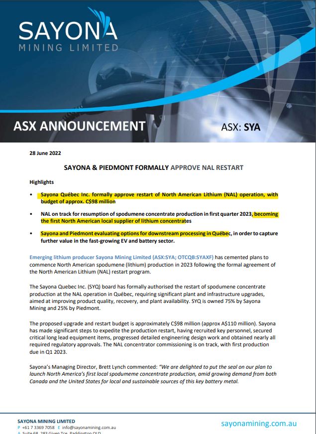 N-KaT (@nkat007) on Twitter photo $SYA <a href="/SayonaMining/">SayonaMining</a>
Very positive update!
NAL operation restarting and becoming first North American local supplier of #lithium concentrates. $SYA <a href="/SayonaMining/">SayonaMining</a>
Very positive update!
NAL operation restarting and becoming first North American local supplier of #lithium concentrates.