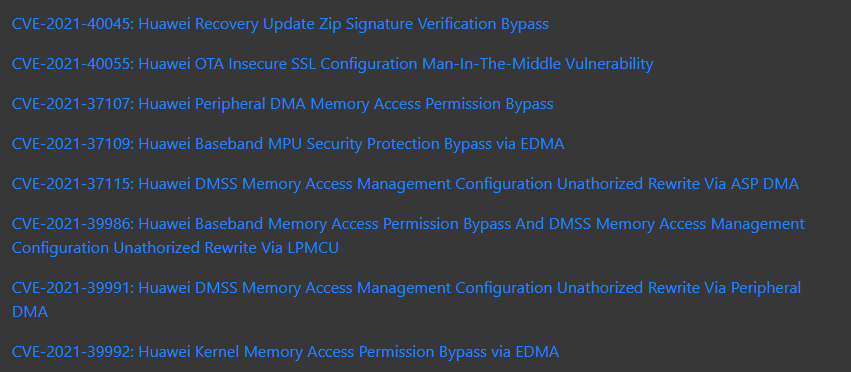 [BugTales] Huawei smartphones UnZiploc: From 0-click To Platform Compromise

CVE-2021-40045
CVE-2021-40055
CVE-2021-37107
CVE-2021-37109
CVE-2021-37115
CVE-2021-39986
CVE-2021-39991
CVE-2021-39992

labs.taszk.io/articles/post/…