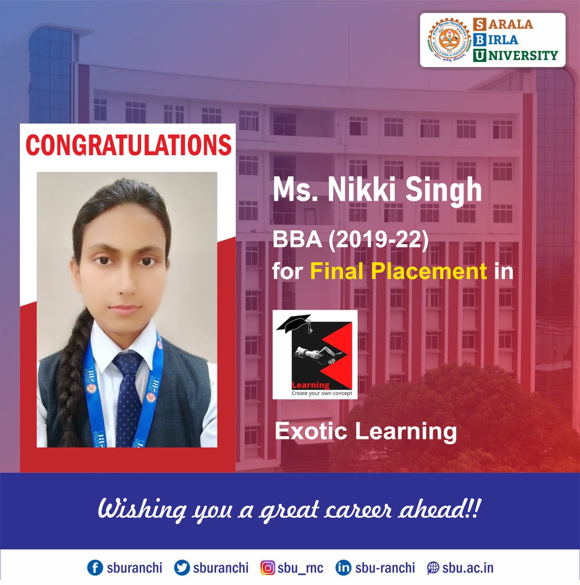 sburanchi's tweet photo. Congratulations to Ms. Nikki Singh of BBA 2019-22 Batch for her Final Placement in Exotic Learning.
#sbu #sburanchi #campusplacement #finalplacement #bbaplacement #bba #exoticlearning https://t.co/5LYq0ExzKv