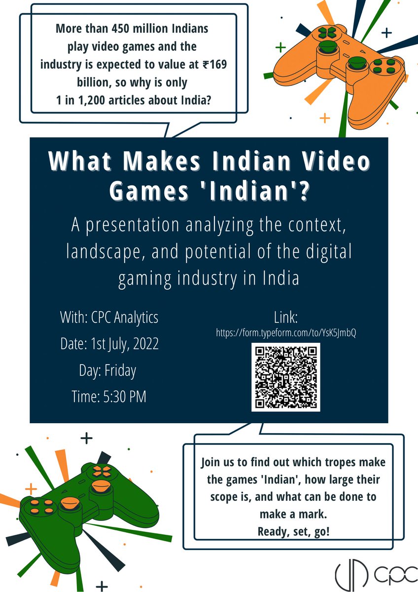 Indian game developers promote their work as 'Indian games' made for 'Indian audiences'. Join us in this interactive space to find out what this means and how the gaming landscape is changing!
form.typeform.com/to/YsK5JmbQ

<a href="/StudioSirah/">Studio Sirah</a> <a href="/games_heads/">Nodding Heads Games</a> <a href="/flying_rob/">Flying Robot Studios</a> <a href="/nCore_games/">nCORE Games| FAU-G: Domination OUT NOW</a>
<a href="/FEAI_IN/">Federation of Electronic Sports Associations India</a>