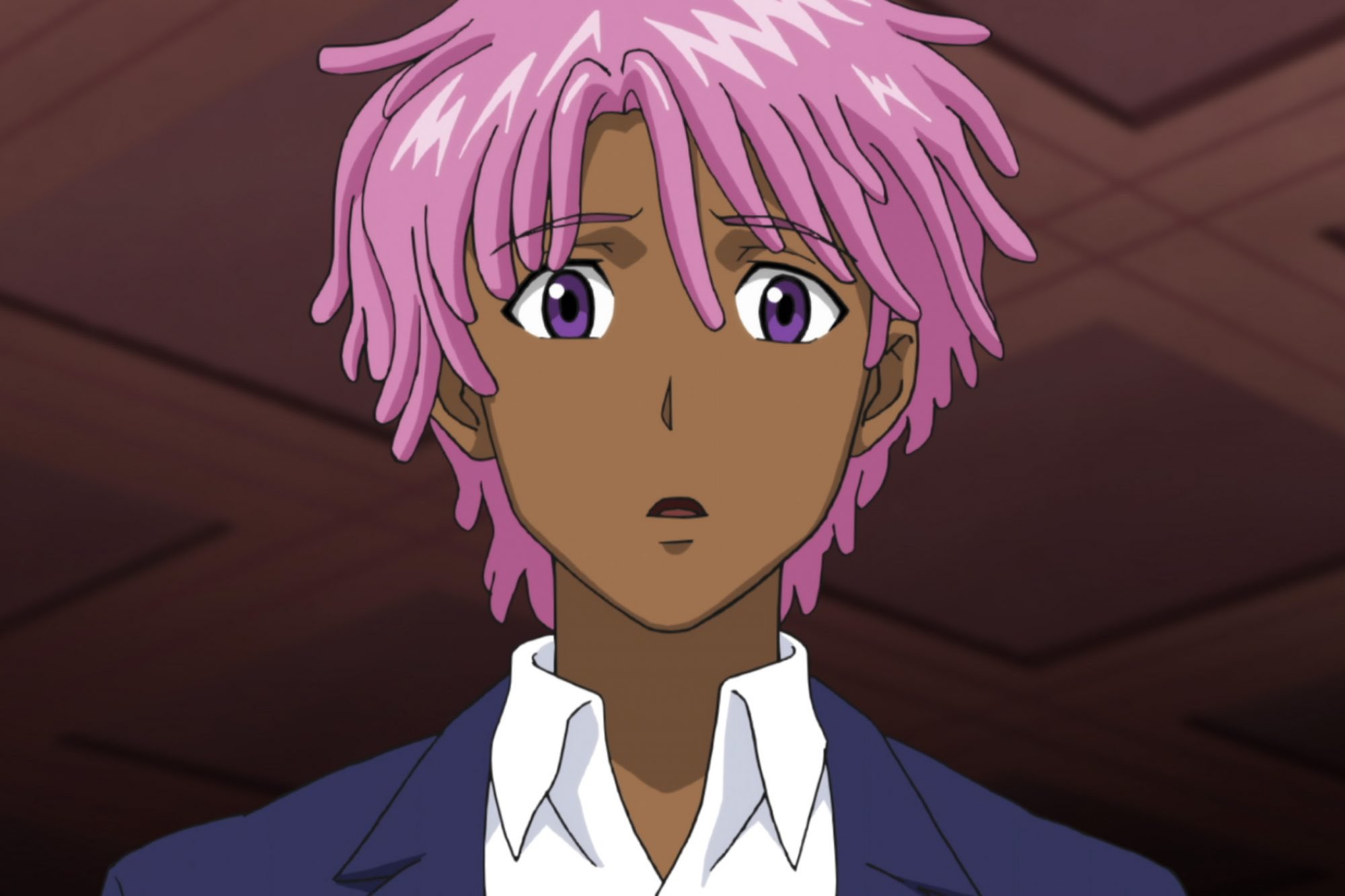 AI Image Generator Anime boy with light pink fluffy hair and large green  eyes smiling and blushing