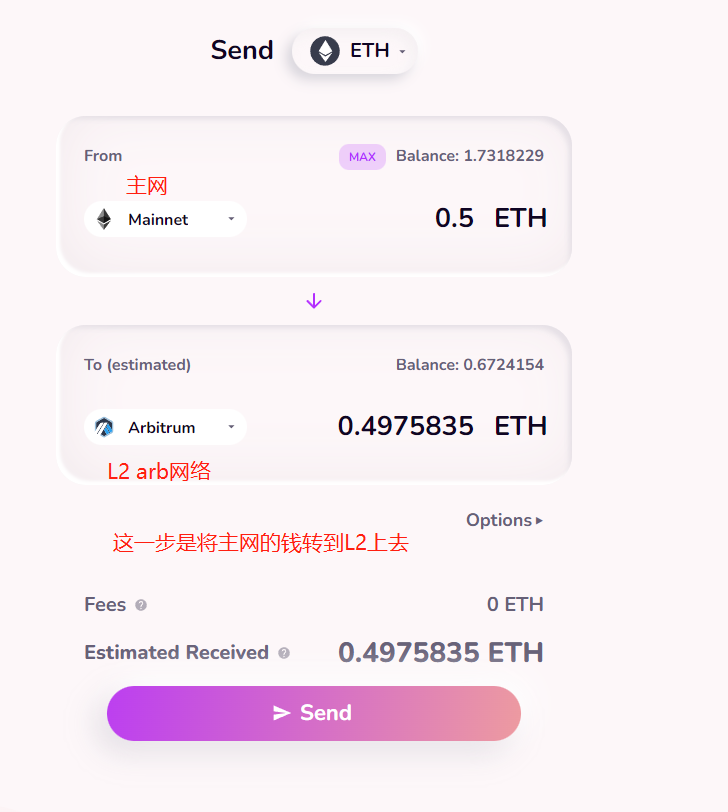 BTCdayu's tweet photo. @arbitrum 3）访问 https://t.co/mobWT5IB1g

如下图，从主网转ETH到L2上去，点击send发送之后，等待数分钟操作即完成。

TIPS：这也是第一周的任务，官方提示任务已截止，但上午仍然还可以领NFT，大家在转帐后，可以访问以下两个网址，看看是否还能领取NFT。
https://t.co/wP0VYCqANr

https://t.co/4GNSt7VeX6 https://t.co/bzmKdWRVIb