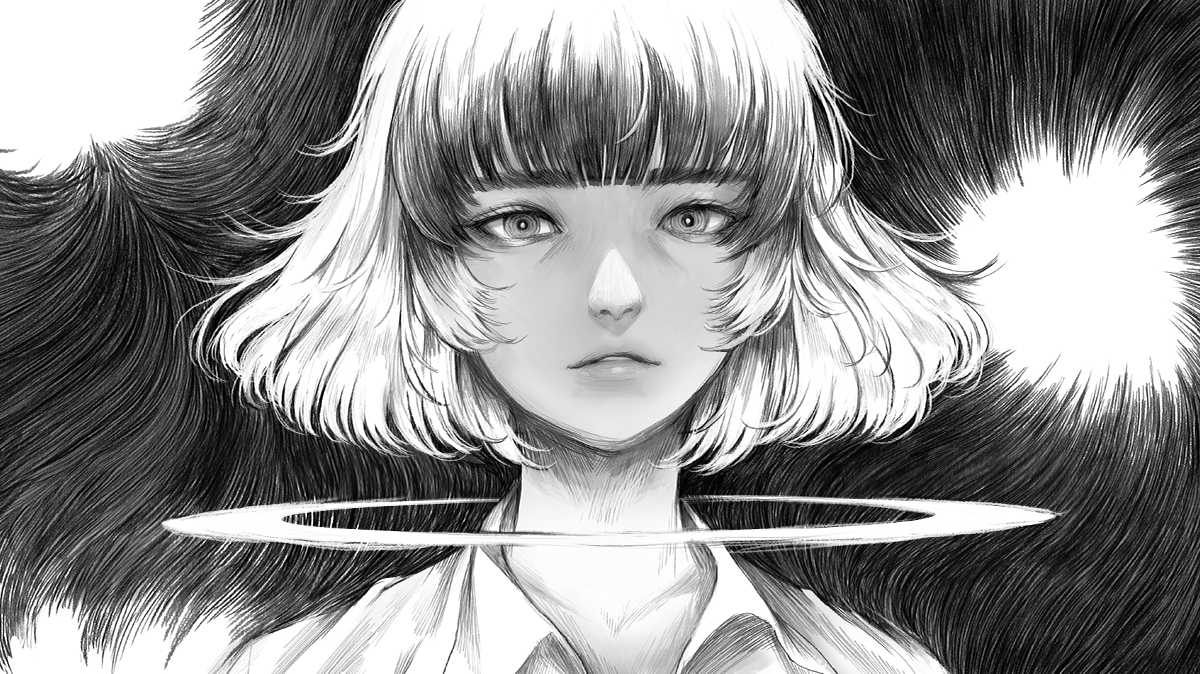 greyscale 1girl monochrome solo collared shirt looking at viewer shirt  illustration images