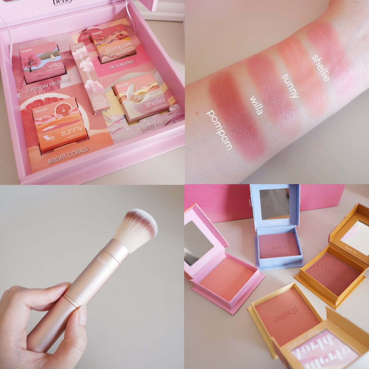 Viviennewonder's tweet photo. ใครหาบลัชออนดีๆ มีสีให้เลือกเยอะแนะนำบลัชออนของ benefit รุ่นนี้เลย WANDERful world เป็นโทนสีที่ปัดได้ทุกวันเลยนะ มีเนื้อแมตต์ เนื้อชิมเมอร์แล้วแต่ชอบ เนื้อลื่น ปัดง่าย ไม่ก้อน ดูเป็นผิวสวยๆ หน้าใสๆ แบบคนสุขภาพดี มีสีเยอะมาก เอามาปาดให้ดู 4 สี แปรงปัดนางก็ดี ไปตำสาว https://t.co/Jj7ksTAjt2