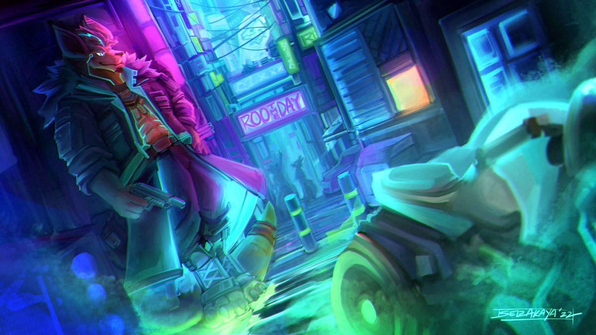 "The city doesn't sleep, and if you don't seize the nights, someone else will."

A very fun cyberpunkish commission piece for <a href="/wolfnroo/">Dart 🦘</a>. Thank you for trusting me with your character!