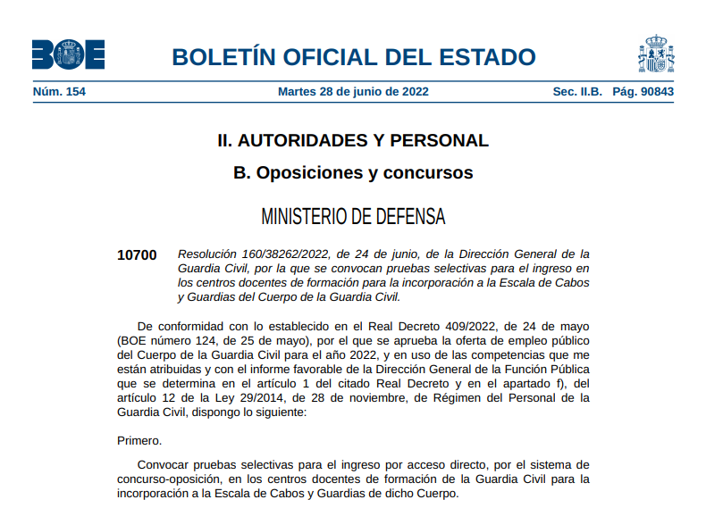 Convocatoria Ingreso GC 2022
  Finalmente la convocatoria ha sido publicada hoy ... ánimo.
  Plazo inscripción: 29 junio al 19 de julio.
boe.es/boe/dias/2022/…