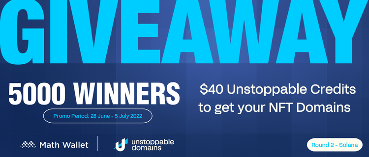 MathWallet x Unstoppable Domains Free Giveaway!

🎁$40 domain credits to 5000 winners

To enter:

❤️Follow <a href="/MathWallet/">MathWallet</a> &amp; <a href="/unstoppableweb/">Unstoppable Domains</a>  
🔄RT &amp; @ 3 NFT friends
✅Complete: solana.collectify.app/#/participate?…

Giveaway powered by <a href="/Collectify_app/">Collectify</a> 

#Solana #Giveaway #NFT