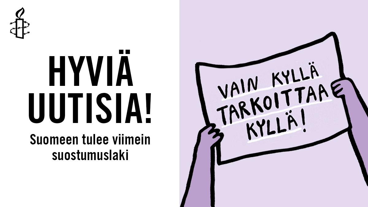 HYVIÄ UUTISIA! Eduskunta hyväksyi eilen seksuaalirikoslainsäädännön uudistuksen, joka ankkuroi raiskauksen määritelmän suostumuksen puutteeseen! Suostumuslaki tulee voimaan vuoden 2023 alussa. 👏 
 
VAIN KYLLÄ TARKOITTAA KYLLÄ!  
 
#Suostumus2018 #LetsTalkAboutYes #Suostumus
