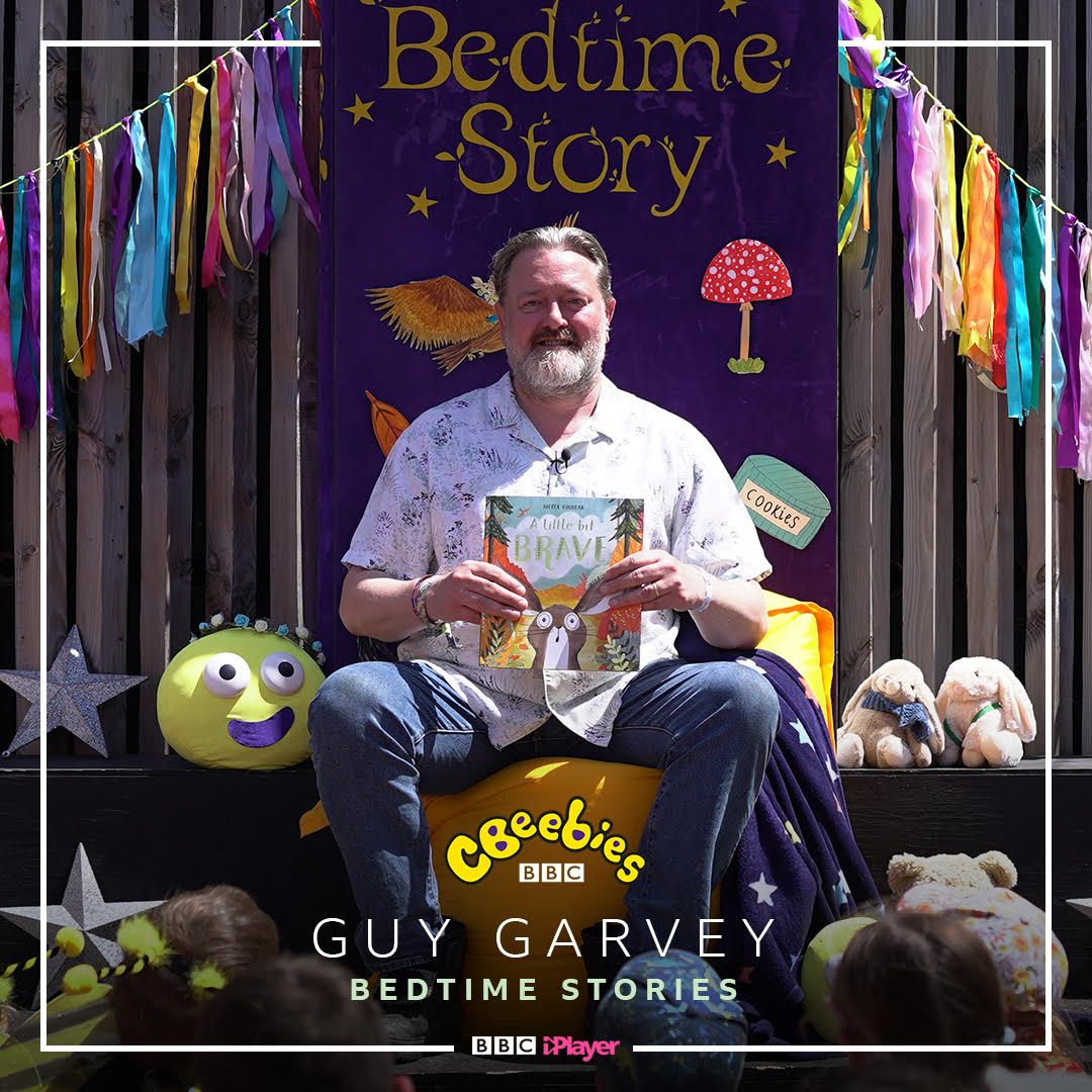 At #Glastonbury this year Guy read 'A Little Bit Brave' by @Nicola_Ella. Watch on #CBeebies at 6:50pm tonight, then on @BBCiPlayer. 'The first time I did a @CBeebiesHQ Bedtime Story it was for the band's kids, I didn’t have any of my own. Now I’ve got one and they’ve got more.'