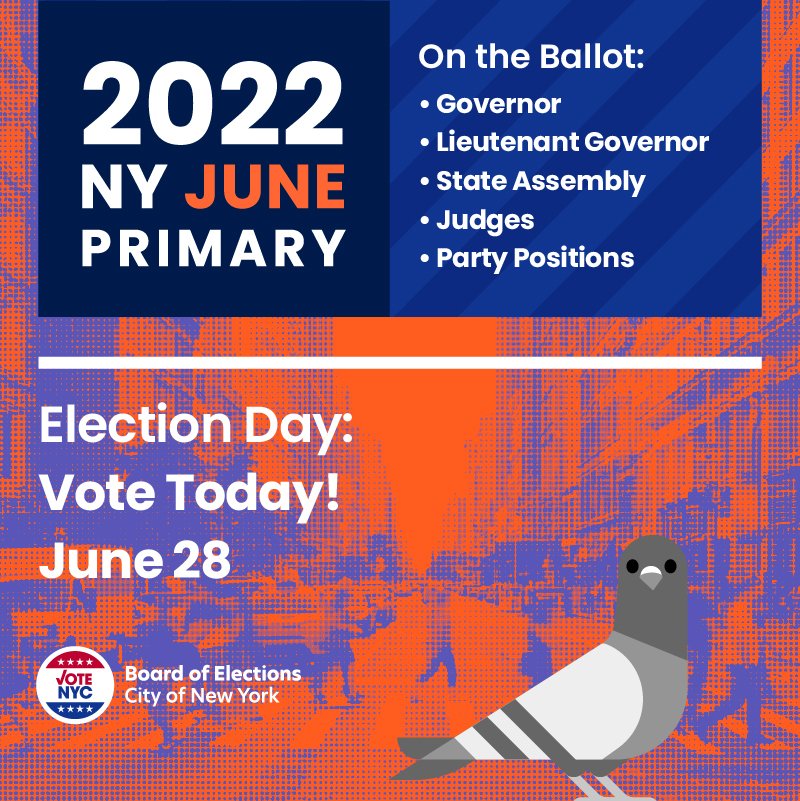 Happy Election Day! Polls are open from 6am to 9pm.

Find your poll site and make plans to vote today: findmypollsite.vote.nyc #VoteNYC