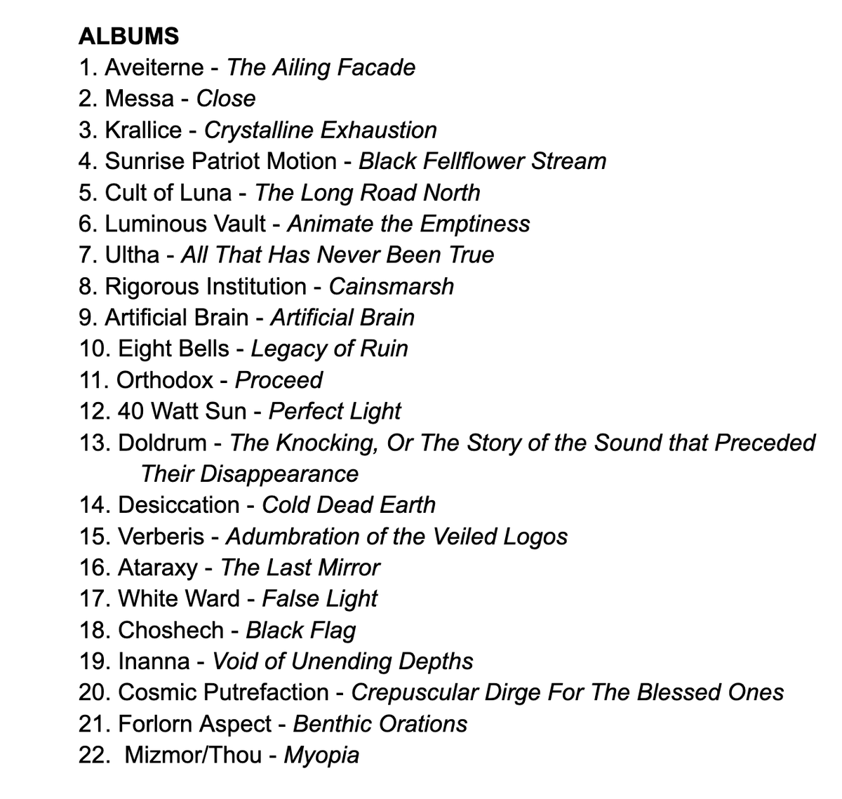 MachineMusic81's tweet photo. Midyear List That Will Probably Change But Whatever 2022! Or SOMETHING!

Albums, Honorable Mentions, and EPs. @EightBellsBand @arti_brain @SibirRecords @hathenter @LuminousVault @misanthropae @deadneanderthal @AaronBTurner @messa_project @Cultofluna_off and more. @profound_lore https://t.co/z9y9m2iCLf