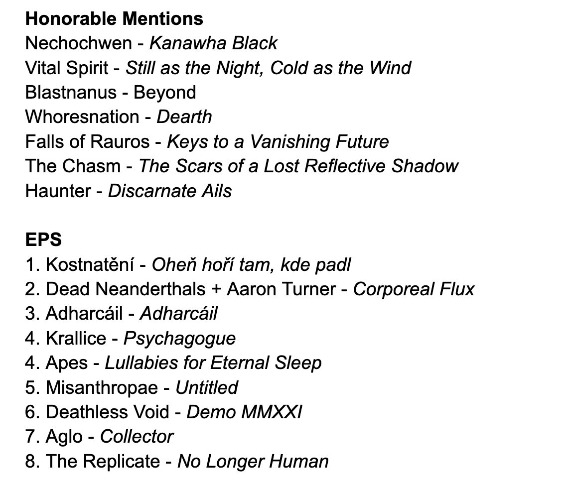MachineMusic81's tweet photo. Midyear List That Will Probably Change But Whatever 2022! Or SOMETHING!

Albums, Honorable Mentions, and EPs. @EightBellsBand @arti_brain @SibirRecords @hathenter @LuminousVault @misanthropae @deadneanderthal @AaronBTurner @messa_project @Cultofluna_off and more. @profound_lore https://t.co/z9y9m2iCLf