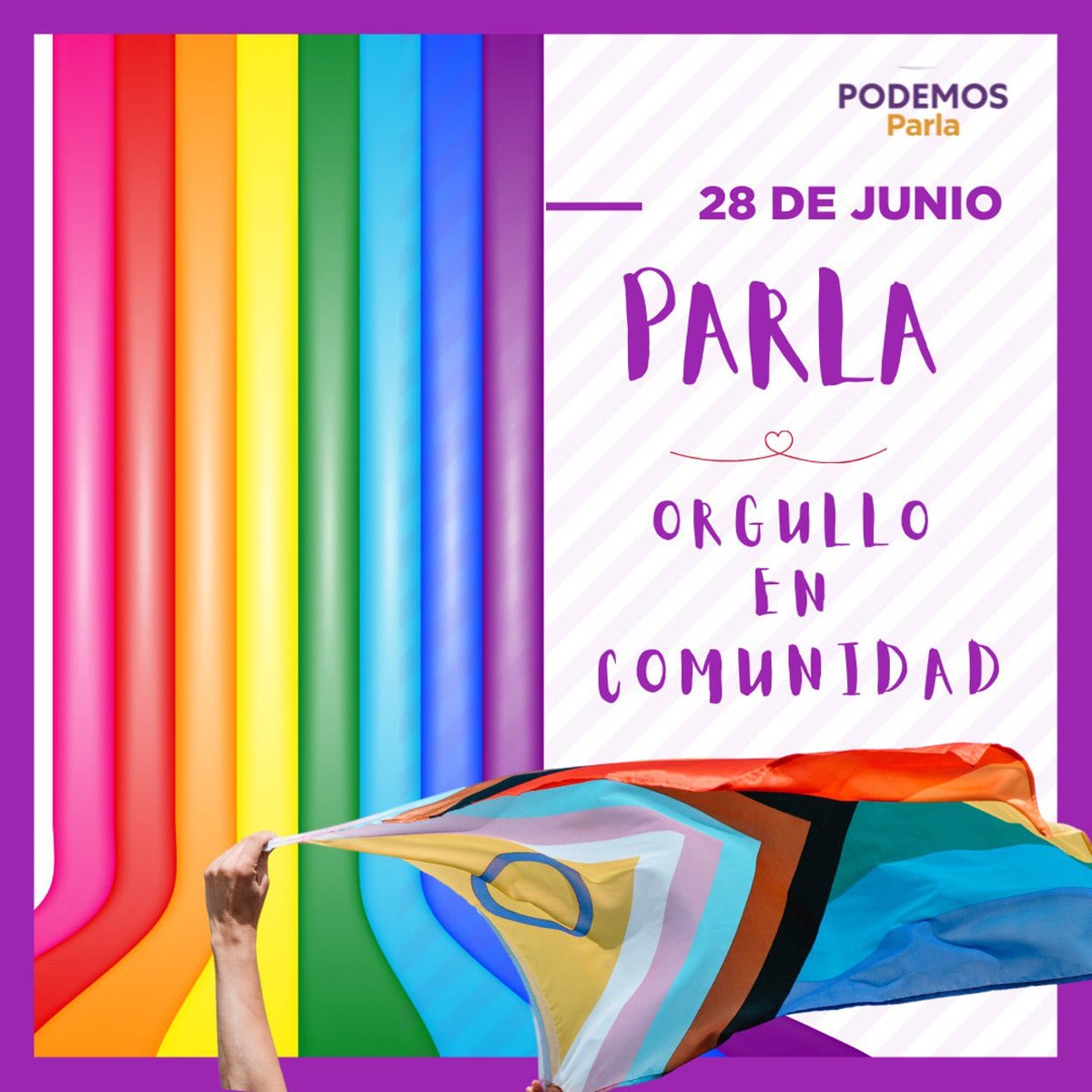 Podemos_Parla's tweet photo. 🏳️🌈 Hoy día del #OrgulloLGTBI conmemoramos lo logrado y seguimos trabajando con el firme compromiso de seguir haciendo una #ParlaOrgullosa donde se ame y se sea con libertad luchando contra la discriminación por orientación sexual, identidad y expresión de género🥰
#OrgulloLGTBI https://t.co/bGI4R4C4gG