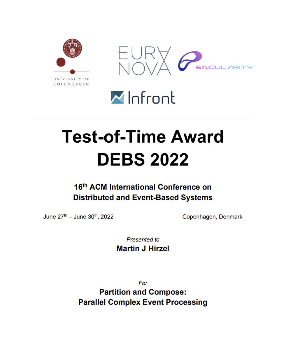 Let's give a big hand to the awardees from yesterday (see the details below 👇)! 

#DEBS2022 continues today with exciting research sessions and two keynotes: 2022.debs.org/full-program/