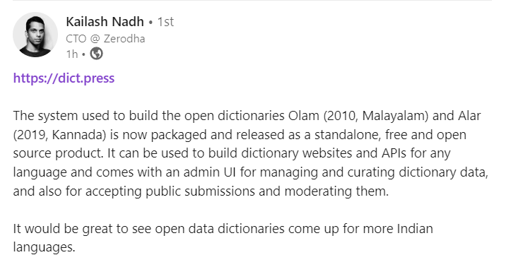 Nithin0dha's tweet image. FOSS has to be one of the purest forms of art - build a product that solves a problem &amp;amp; then give it away for others to build on for free. 

Damn, wish I had learnt some programming when I was younger or can figure a way to swap my brains with his (K). 😬

dict.press