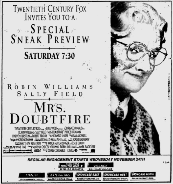 Joek72's tweet photo. Remains of The Day Opened in Pittsburgh on November 19th 1993. Other Movie Ads that were in The Pittsburgh PG that Day Included. #MrsDoubtfire #TheNightmarebeforeChristmas #AdamsFamilyValues #TheRemainsofTheDay #Pittsburgh #FilmTwitter  #TCMParty https://t.co/jjXxoK7u1D