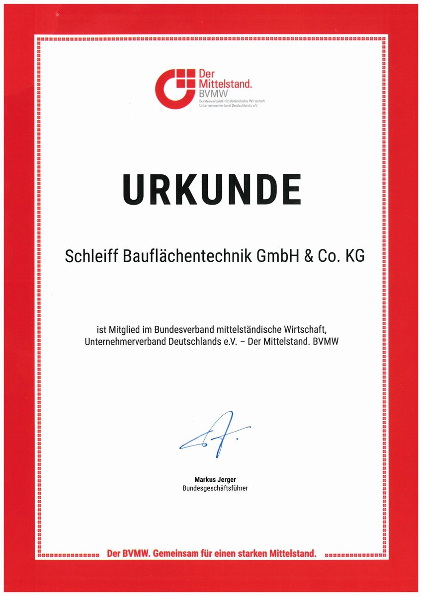 Schleiff ist Mitglied im Verein BWMV
Der BVMW ist die größte, politisch unabhängige und branchenübergreifende Interessenvereinigung des deutschen Mittelstands.
Im Rahmen der Mittelstandsallianz vertritt er mehr als 30 mittelständisch geprägte Verbände mit 900.000 Mitgliedern.
