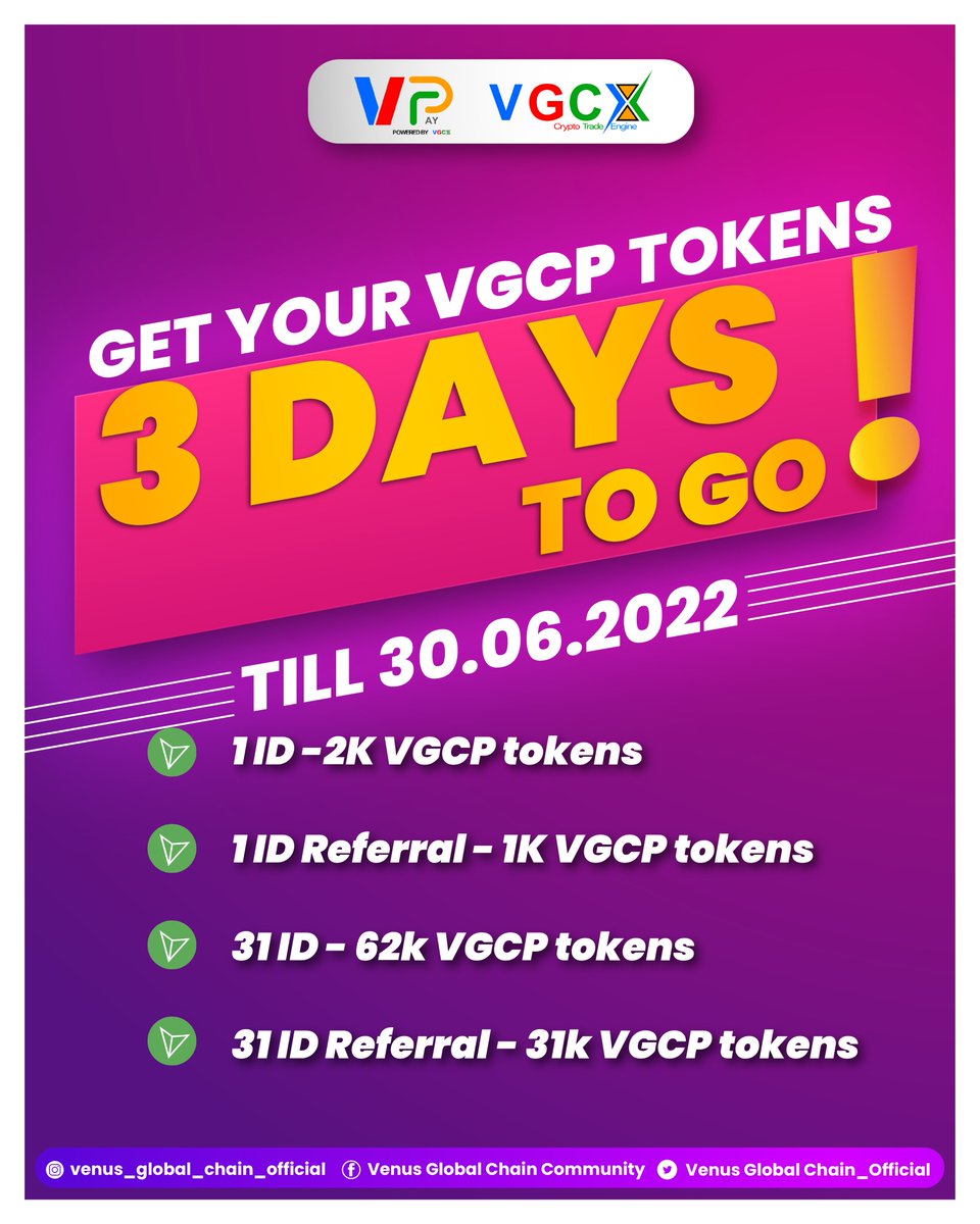 register or refer your ID in our community and get upto 62k VGCP tokens...
Offer valid until 30.06.2022

#venusglobalchain #vgcc #vgcn #vgcp #vpay #vbot #vgcx #blockchaintechnology #lifetime #earnmoney  #earning #savingmoney #rich #offers #token #offeroftheweek #June
