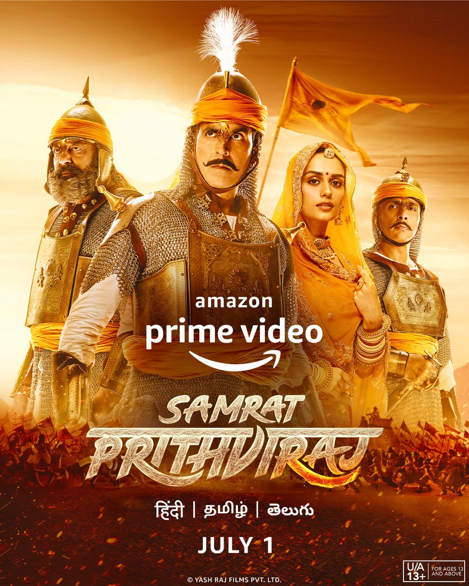 #SamratPrithviraj  Digital Premiere July 1st on @PrimeVideoIN

@akshaykumar @ManushiChhillar @duttsanjay @SonuSood #DrChandraprakashDwivedi #ManavVij  @ranaashutosh10 #SakshiTanwar @yrf