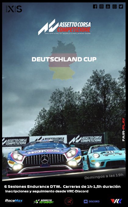 📢 Seguimos.. 

Este Domingo arranca el Deutschland Cup.. campeonato más relajado para <a href="/Xbox/">Xbox</a> que nos acompañará en estos meses de verano

📍6 Sesiones estilo DTM
🏁 Sesiones de 60’/90’
✅ Plazas disponibles

#AssettoCorsaCompetizione #XboxSeriesX #XboxSeriesS
#XboxShare  #assetto