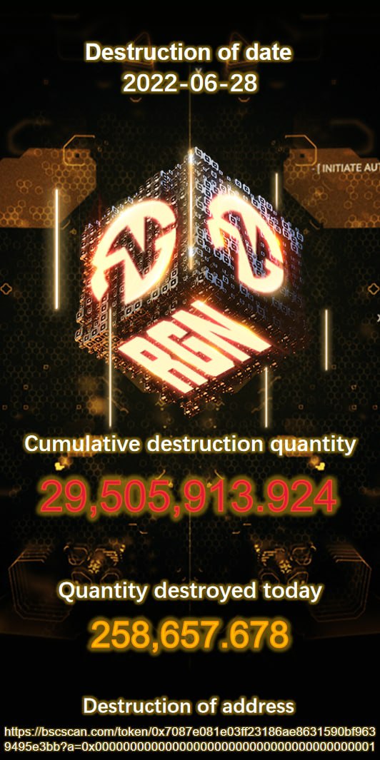 🔥 #RadiantGlory Token (RGN) Destruction Update 🔥

🔸 Date: 06-28-2021
🔸 Quantity destroyed today: 258,657.678
🔸 Cumulative destruction quantity: 29,505,913.924

📍 $RGN destruction address: bscscan.com/token/0x7087e0…