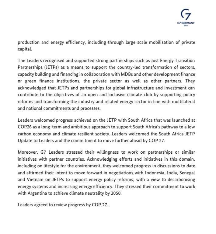 #G7 has put energy transition and the need to  decarbonise the energy mix globally, at the centre of its agenda with the G7 Chair's summary on Just Energy Transition Partnerships (JETPs)

@G7 @tapasjournalist @sidhant