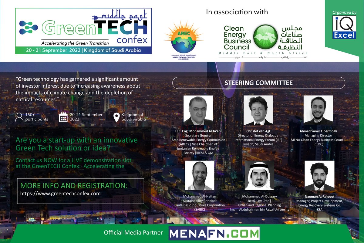 iqexcel's tweet image. Be part of the MENA Green Transition!
Register now to join Expert talks and high level Panels on the limits, opportunities and the road ahead for a green future.
lnkd.in/dr_sKbiU

#greentech #greentechnology #greentechconfex #cleanenergy #cleantech #cleantechnology