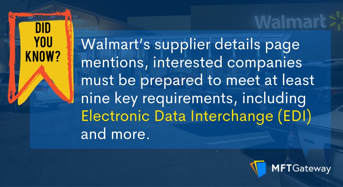 as2gateway's tweet photo. Did you Know? 👇

Walmart’s supplier details page mentions, interested companies must be prepared to meet at least nine key requirements, including Electronic Data Interchange (EDI) and more.

Learn More :  https://t.co/Ws8rOUkyoN

#walmart #edi #as2 #as2gateway https://t.co/435euDnxD9