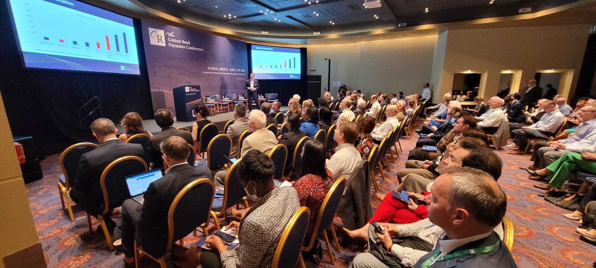 CurrencyResearc's tweet photo. The 2022 Central Bank Payments Conference officially got underway this morning!
Our own @GSL_Santamaria welcomed the audience to #CBPC2022 followed by a Keynote address from @BankofGreece Governor Yannis Stournaras on the #payments landscape in Greece.
#centralbank #innovation https://t.co/7IzcobqjUU