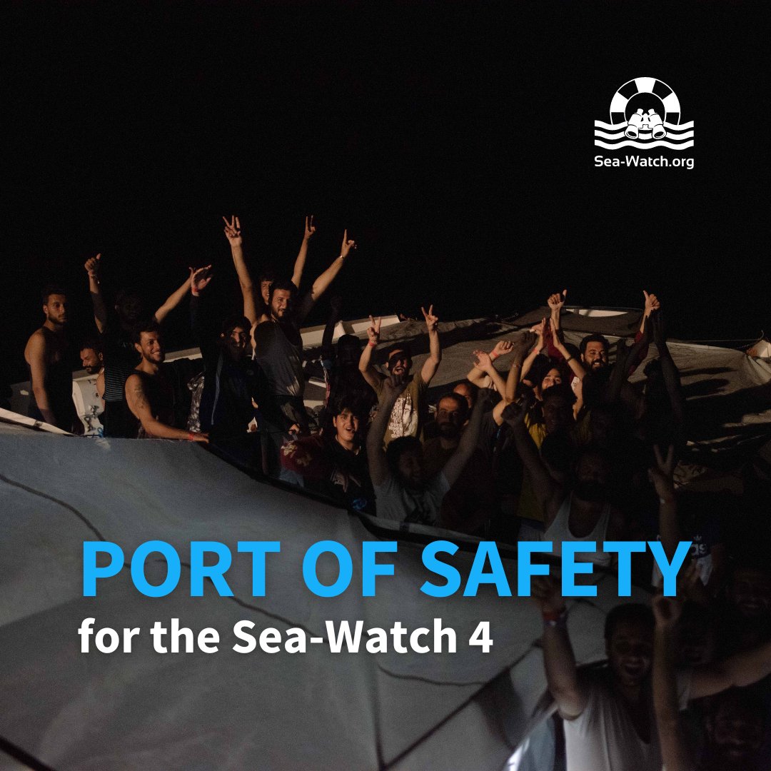 seawatch_intl's tweet photo. Finally, a port of safety for the #SeaWatch4! Last night, the authorities assigned us Porto Empedocle as the port for disembarkation. We are so relieved that our guests can finally go ashore after what they have been put through. https://t.co/B1wYjp5A6c
