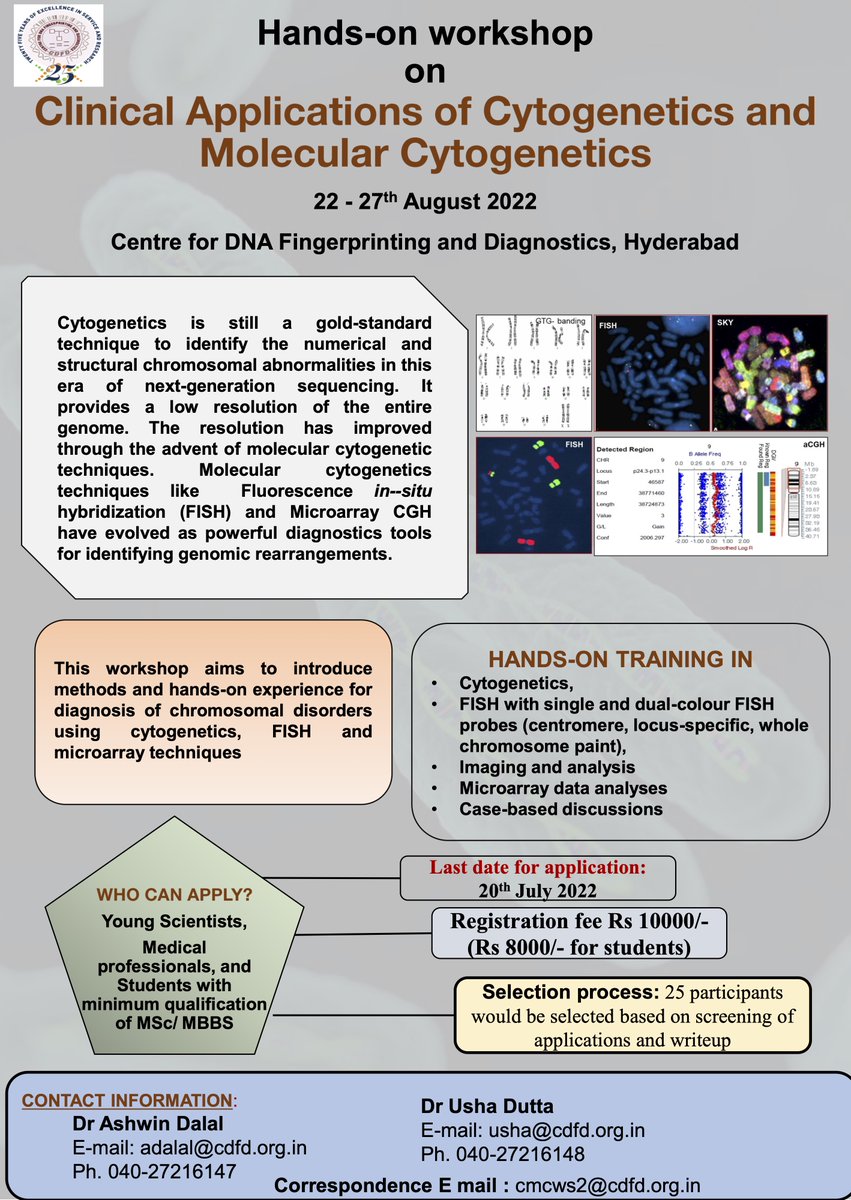 BRIC_CDFD's tweet image. Hands on workshop on  #Clinical applications of #cytogenetics and #molecularcytogenetics @DBT_CDFD 
To register ➡️ Send your applications with a one page writeup to cmcws2@cdfd.org.in.
Application #deadline -20.07.2022
@DBTIndia 
#CDFD #DBT