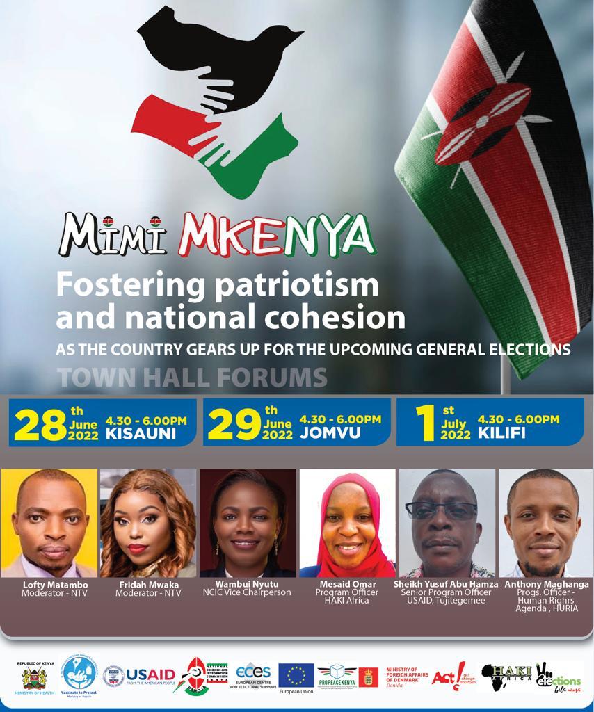 HakiAfrica's tweet photo. HAKI Africa will be locked in for the conversation on National Cohesion &amp; patriotism in Mombasa with @MesaidOmar speaking along side other professionals on the same. Join us today live on @ntvkenya at 4.30pm to 6pm.
#MimiMkenya 
#forHAKI
@ECESeu @EUinKenya @NCIC_Kenya @UNDPKenya https://t.co/36prqEombu