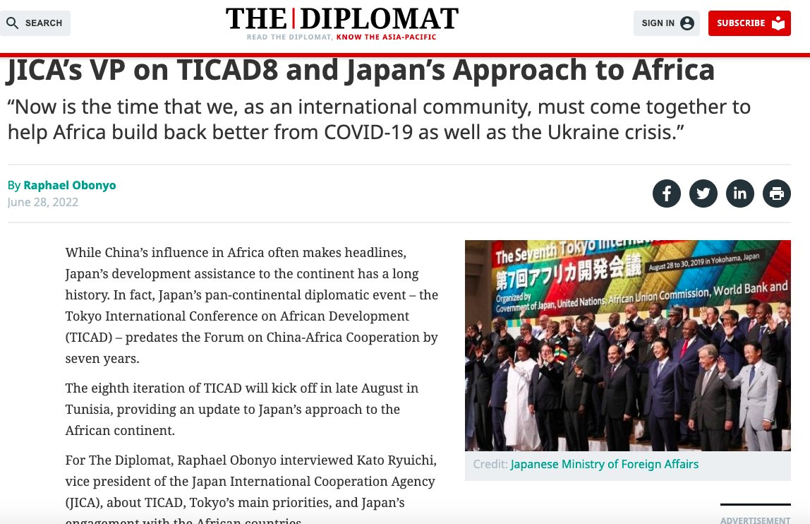 Now is the time that we must come together to help Africa build back better from COVID-19 as well as the Ukraine crisis. My interview with JICA’s VP on TICAD8 and Japan’s Approach to Africa: thediplomat.com/2022/06/jicas-… #JICA #TICAD #TICAD8 <a href="/JapaninKenya/">The Embassy of Japan in Kenya</a> #Africa