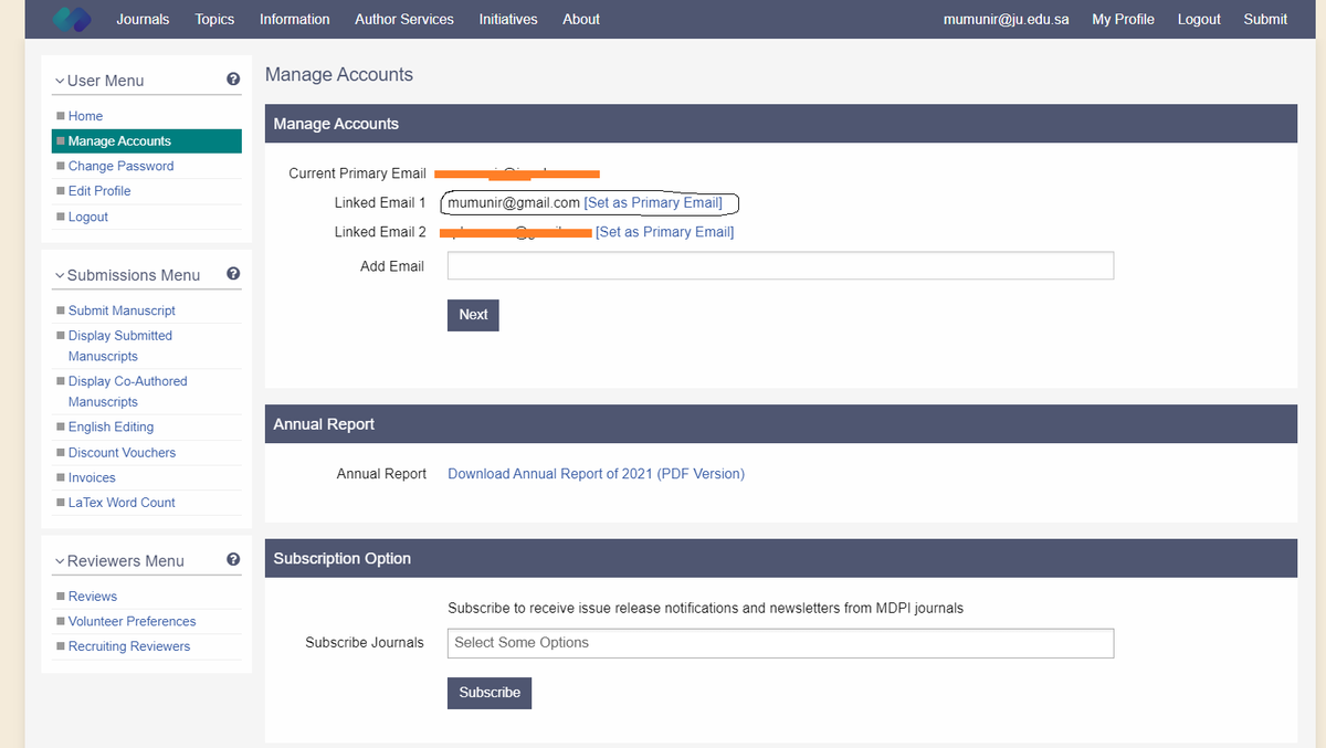 Rph_MUM's tweet photo. @MDPIOpenAccess I sent multiple emails to @MDPIOpenAccess to change the primary email address but no problem-solving response. If I change it myself then there are no details on the dashboard.
Now I encounter another issue, an unknown email has been added to my profile. https://t.co/ArclTmooWD