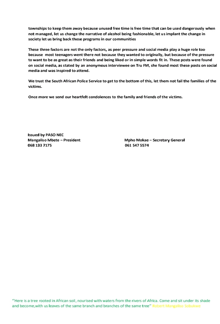 PASO STATEMENT ON #EnyobeniTarven Deaths 

Attention: Media Outlets 
Cc: PAC Secretary General 

<a href="/MyPAConline/">Pan Africanist Congress of Azania (PAC)</a> <a href="/1Seroke/">Jaki Seroke 1</a> <a href="/mbete_m/">Mangaliso Mbete</a> <a href="/SABCNews/">SABC News</a> <a href="/eNCA/">eNCA</a> <a href="/Powerfm987/">POWER 98.7</a> <a href="/ewnupdates/">Eyewitness News</a> <a href="/CapricornFM/">Capricorn FM</a> <a href="/trufm/">trufm</a> <a href="/pac_president/">PAC President</a>