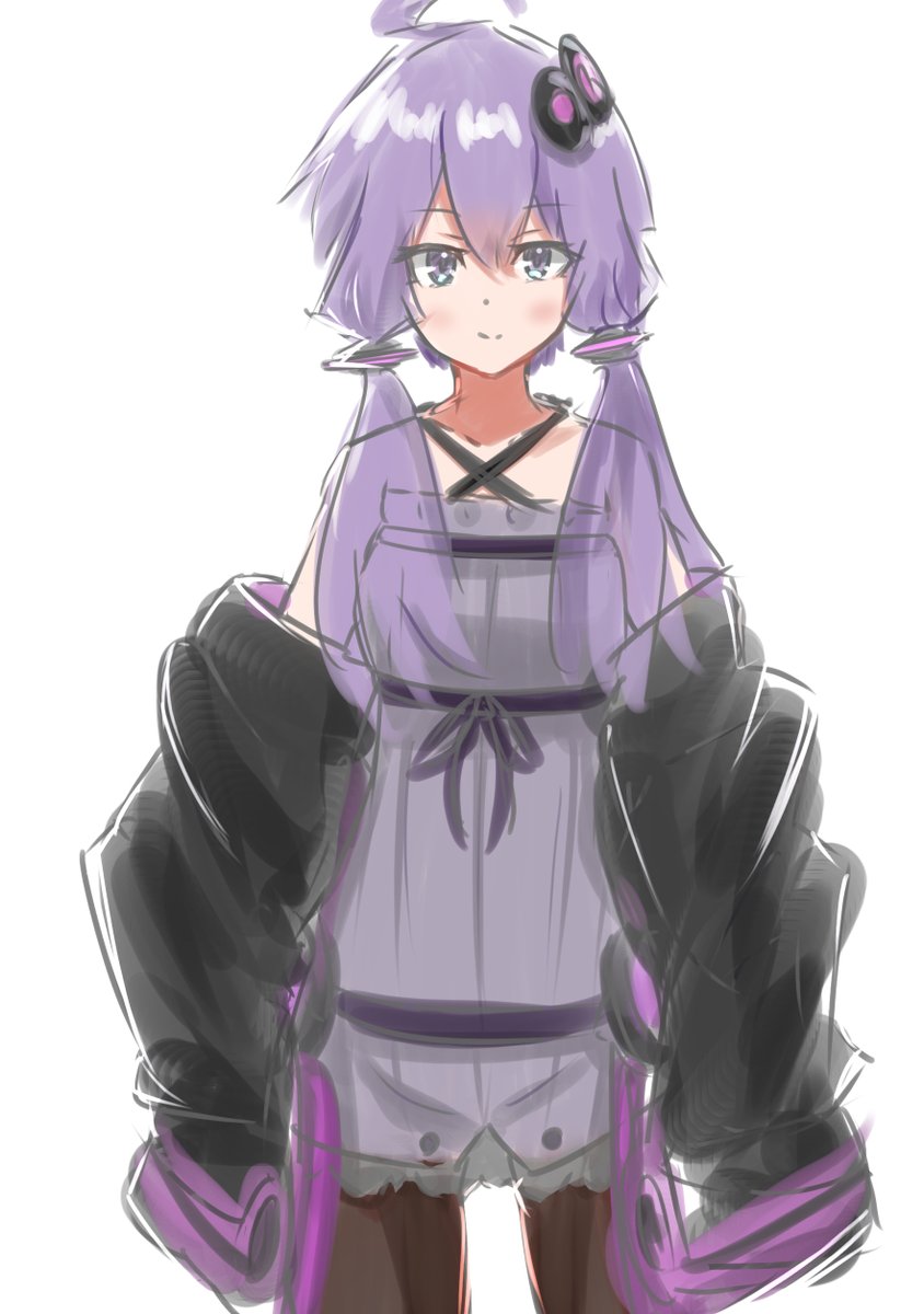 yuzuki yukari 1girl solo purple hair criss-cross halter dress black jacket jacket  illustration images