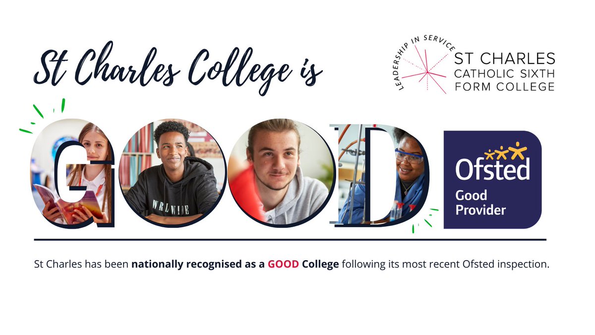StCharlesSFC's tweet photo. It's OFFICIAL! #StCharles has been officially recognised by #Ofsted as a GOOD College! 🙌🎉

Read the full report on our website!
#ofstedgood #goodcollege #ofstedrating #sixthformcollege #college #westlondon #wearestcc #goodprovider #ofstedgoodprovider #education #sixthform https://t.co/0V9W78TRxu