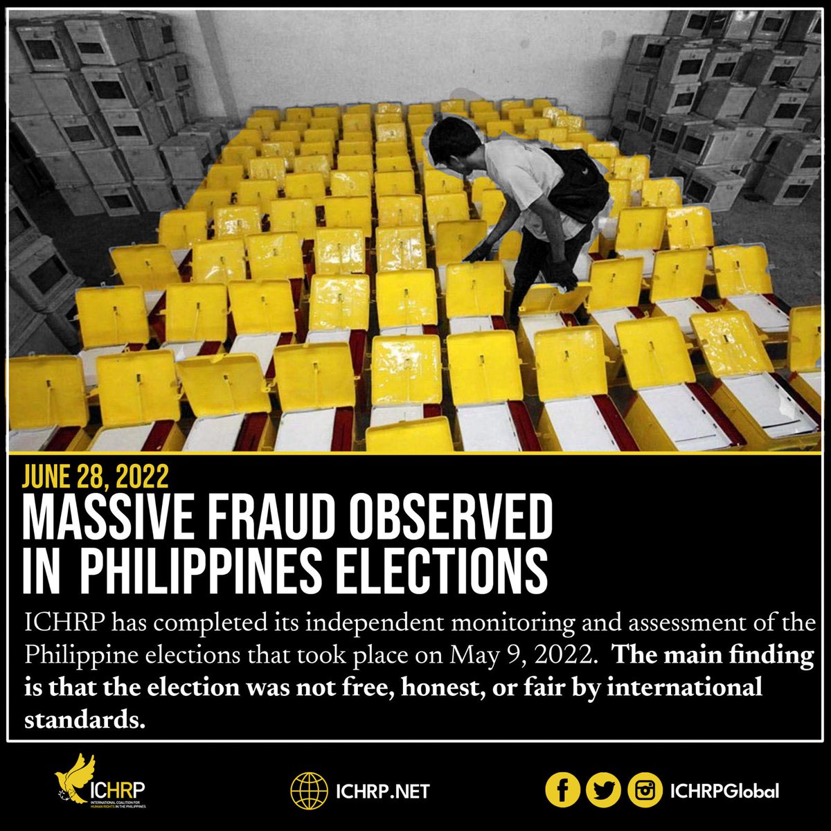ICHRP has completed its independent monitoring and assessment of the Philippine elections that took place on May 9, 2022. The main finding is that the election was not free, honest, or fair by international standards.

Read:  ichrp.net/massive-fraud-…