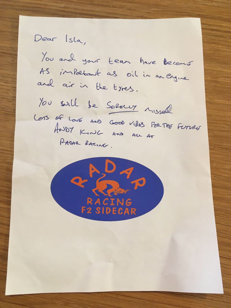 Scottphysio's tweet photo. This arrived after the TT Races from a sidecar team and totally made my day. The racing family is just so special. #roadracing #saferriders https://t.co/Zxq00VLETT