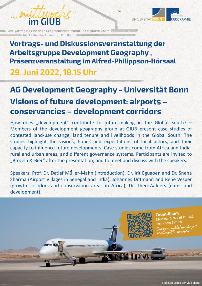 GIUB_Research's tweet photo. Tomorrow at 6:15pm at our department and online via zoom! 
talk by the @GIUB_Research development geography research group on "Visions of future #development: #airports - #conservancies -#developmentcorridors" 
#geographie #developmentgeography #futureruralafrica https://t.co/SnjRjtARkf