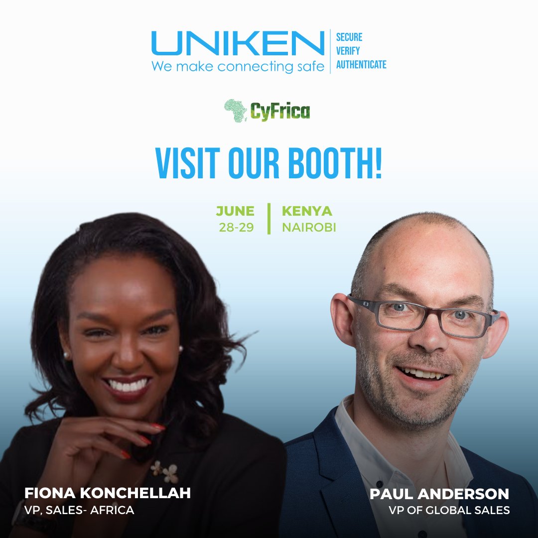 Uniken_Inc's tweet image. Join Uniken&apos;s @PaulAndersonSco, VP of Global Sales, and @fionakonchellah, VP, Sales- Africa, and 1500+ Cyber Minds across Africa in discussions on &apos;Building The Next-Gen Cyber Vault In Africa.&apos;

Visit our Booth!

June 28-29, 2022, in Kenya, Nairobi

#strongcustomerauthentication