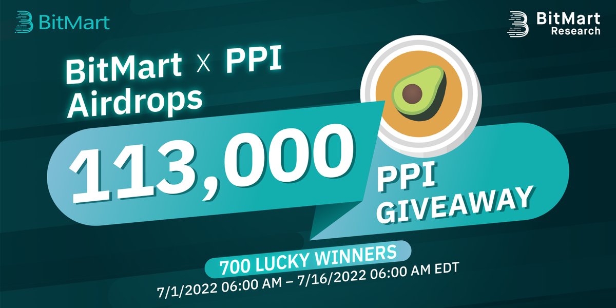 🌟BitMart X PPI Listing Airdrop!

1⃣Follow <a href="/BitMartResearch/">BitMart Research｜$BMX HODLer</a> &amp; <a href="/SwappiDEX/">Swappi</a>
2⃣Join t.me/BitMartExchang… &amp; t.me/Swappi_DEX
3⃣RT &amp; Tag 3 friends
4⃣Fill out:bit.ly/39VDTc2
🥳 113,000 $PPI / 700 winners

📅7/1/2022 06:00 AM – 7/16/2022 06:00 AM EDT