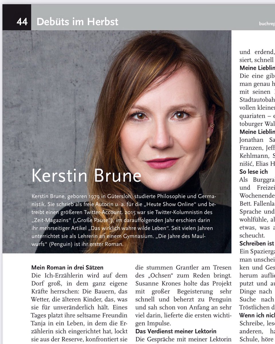 BruneKerstin's tweet image. Eine Ehre: Die Debütanten-Strecke im aktuellen buchreport.magazin stellt meinen ersten Roman „Die Jahre des Maulwurfs“ und mich vor. Er erscheint am 24.08.2022 im @penguin_verlag.