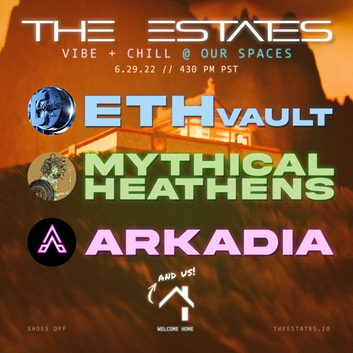 // Vibe &amp; Chill
// 6.29 - 7:00pm PST 

w/ @HeathensAlpha, <a href="/ArkadiaAlpha/">Arkadia</a>, <a href="/ETHVaultNFT/">ETHVault</a> 
&amp; surprise guest <a href="/3L3NFT/">3L3Phants 🐘</a>
