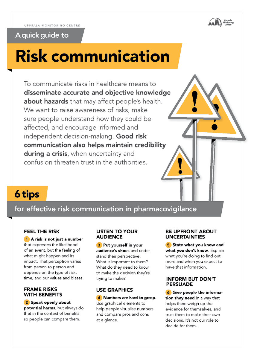 Communicating risks in #pharmacovigilance requires dissemination of accurate and objective knowledge of hazards that may affect people’s health. But good risk communication can be tricky. 

So, let us guide you ⚠️ ow.ly/LPMF50JcPMB 

#RiskCommunication
